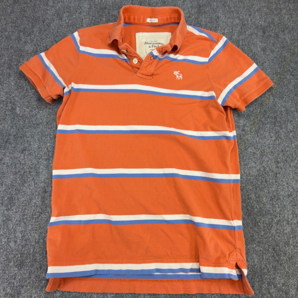 Abercrombie & Fitch Muscle Fit Striped Polo Shirt Orange Blue Size M